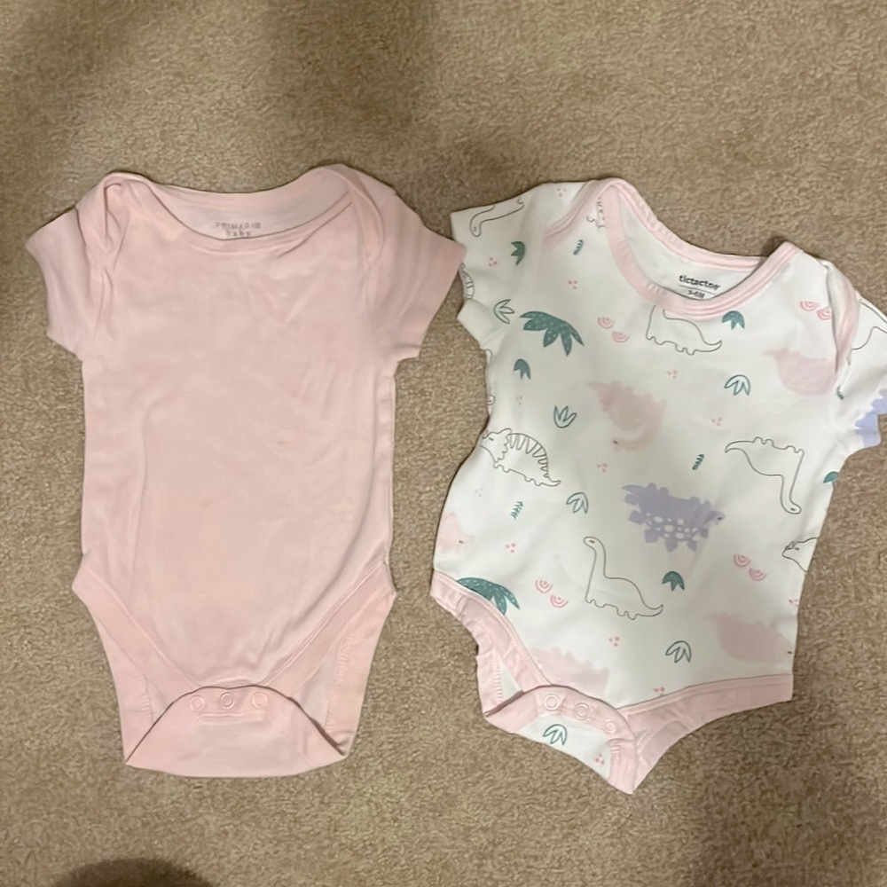 Primark Baby solids pink short sleeve onesie & Tictactoe white dinosaur onesie